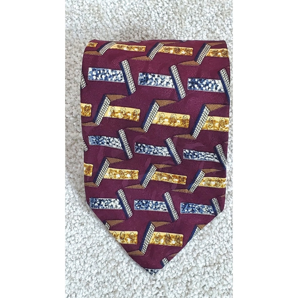 Vintage Boston‎ Trader Men's Neck Tie Burgundy Gold Geometric 100% Silk 58"